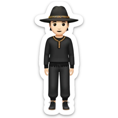 Crea a un hombre con pantalón acampanado zapatos negros un suéter como con fleco en los brazos y una clas de sombrero 👒 pero plano alrededor sticker