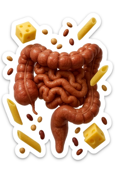 PEZZETTI DI EMMENTAL, PENNE DI PASTA RIGATE E LEGUMI FLUTTUANO INTORNO AD UN INTESTINO UMANO ANATOMICO REALISTICO, iperrealistico 4k sticker