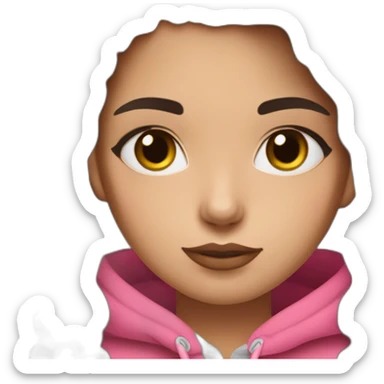 Women with long wavy dark brown hair and long eyelashes dark brown eyes with pink cheeks and pink lips and thick dark brown eyebrows wearing a hoody sticker