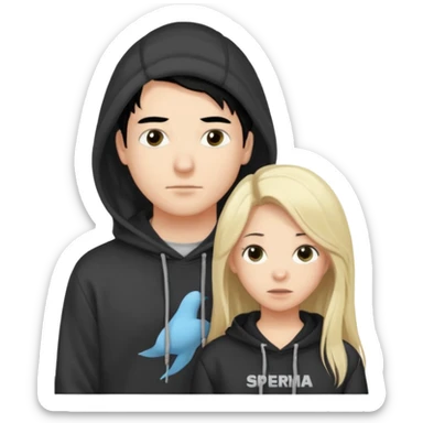 I want it to be this emote 🙍‍♂️
of a guy with black hair and a black sweatshirt with the word "sperma" written in white in the middle. Behind him, there's a pretty blonde with long hair, pulling the string on the first person's hoodie. The girl is wearing a gray sweatshirt. sticker