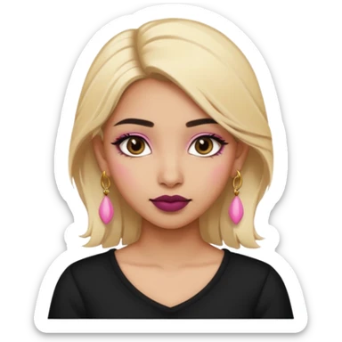 Sweet Indian girl blonde hair darkbrow  eyes brown lipstick, pink blush, black top gold earrings, brown eyebrows  sticker