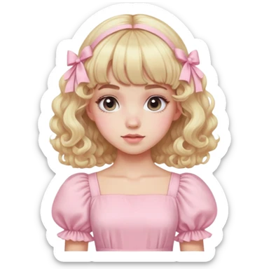 Blonde, pale girl with bangs and curly hair and a pastel pink puff sleeve dress sticker
