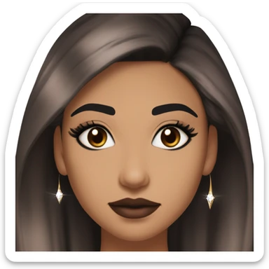 Maddy Perez euphoria show: warm brown eyes, bold black sharp eyeliner, sparkly rhinestones on eyes, dark arched brows, full nude-berry lips, light skin, high cheekbones, sleek dark brown long straight hair in ponytail.

 sticker