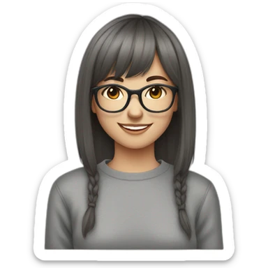 brunette teenager with short hair and bangs and glasses smiling winking gray sweatshirt sticker