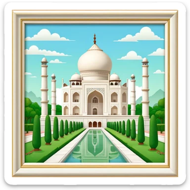 Cinematic Realistic Taj Mahal Landmark Emoji, depicted as the iconic marble mausoleum set amidst lush gardens rendered with intricate detail and ethereal, soft lighting. sticker