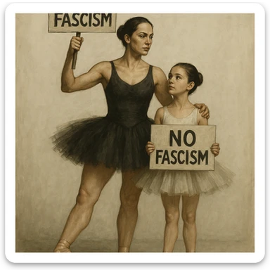 A mother and daughter ballet dancers, both in tutus and ballet shoes, standing together holding protest signs against fascism, expressive and powerful sticker
