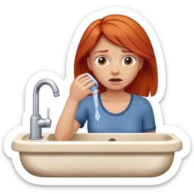 apple style emoji of a red-haired woman at a sink, looking parched and desperate for water sticker
