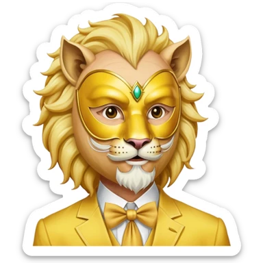 a old man, with a Yellow suit,  wear half-face golden Lion masquerade mask sticker