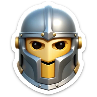 Clash of Clans aesthetic: Cinematic Playful Steel Helm Emoji, rendered in a 3D vector-style similar to standard emojis with minimal shading and bold, simplified shapes. A compact, isometric helmet crafted of shining steel with intricate engravings and a protective visor, softly glowing with a noble warrior charm. Simplified yet unmistakably iconic, highly detailed and consistent, glowing with a soft radiant gleam and high polish. Stylized with a touch of chivalric tradition and a soft glowing outline, capturing the essence of a stalwart battle helm with a friendly, playful manner! sticker