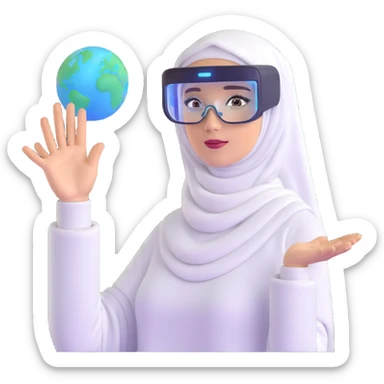 computer engineer with white hijab proudly presenting her completed metaverse creation, gesturing toward a floating holographic virtual world she built, explaining her digital architecture to audience, professional stance, AR glasses, display showing her code and virtual environment sticker