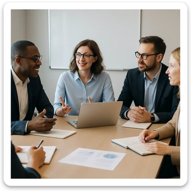 group of people in a meeting room, discussing ideas, professional environment, collaborative atmosphere sticker