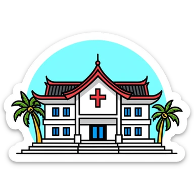 Modern Thai hospital building with traditional Thai roof elements, medical cross symbol, palm trees sticker