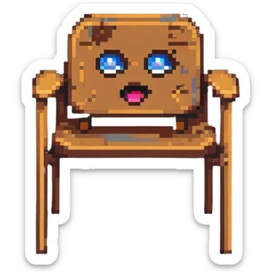 Pixel art of a wooden chair with cartoon eyes flying in the air sticker