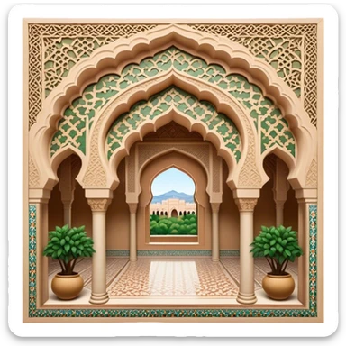 Alhambra – Cinematic Realistic Alhambra, depicted as a majestic Moorish palace with intricately carved arches, lush courtyards, and detailed tile work, bathed in soft golden light and dynamic shadows that highlight its opulent historical beauty. sticker