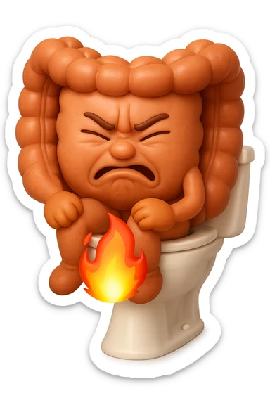 SU QUESTO STILE FAI UN EMOJI STILE IPHONE 3D DI UN INTESTINO CHE sta seduto sul wc e dal wc in mezzo alle sue gambe esce una fiamma stile emoji iphone, FAGLI UN ESPRESSIONE di dolore mentre si sforza E FALLO MOLTO REALISTICO IN 3D sticker