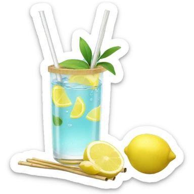 clear water with lemon in glass with bamboo lid and straw sticker