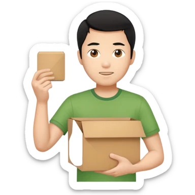 black haired asian man green shirt holding cardboard box sticker