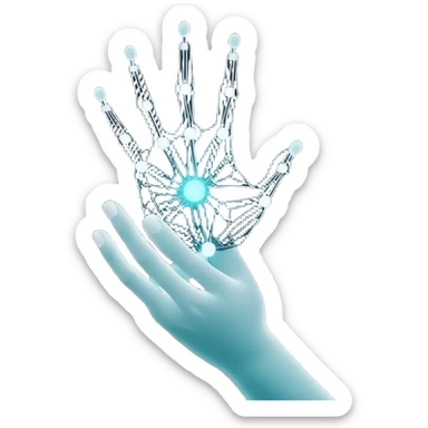 Minimalist white hand outline holding a glowing neural network circuit pattern in soft cyan (#00FFFF), dark charcoal (#2D2D2D) background, ultra-clean lines, negative space forms hidden AI chip silhouette, no text, tech-organic fusion sticker