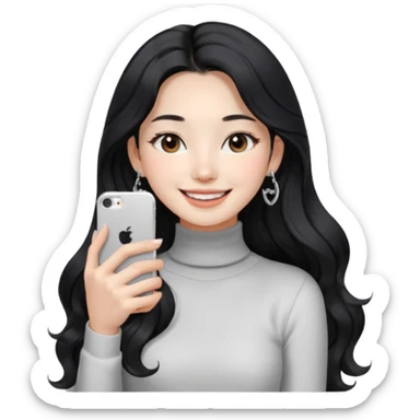 Korean 24-year-old female online shopping mall seller / white face / earrings / smiling expression / long wavy hair / influencer vibe / fashionable / black hair / silver earrings / skinny white turtleneck sticker