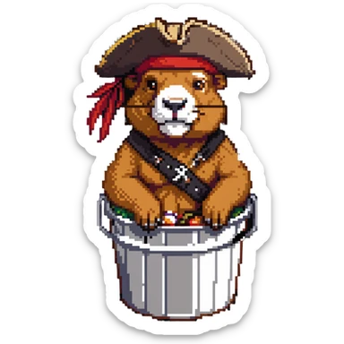 Muscular capybara with Johnny Depp features, goatee, Jack Sparrow style, sitting in a KFC bucket sticker