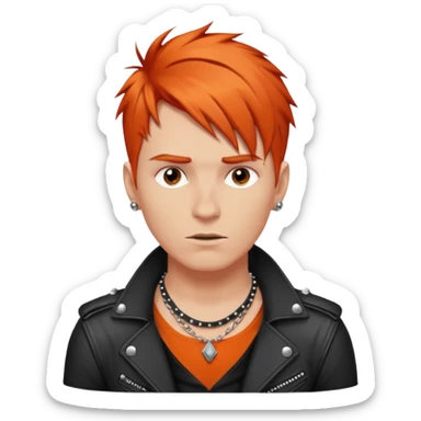 white guy rock singer, rebellious style, short orange-red hair, studded leather necklace sticker