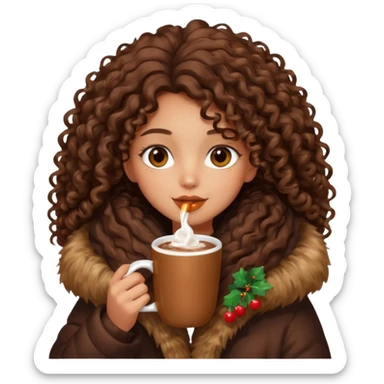 tanned girl with long brown curly hair, drinking hot chocolate , wearing oversized fur jacket sticker