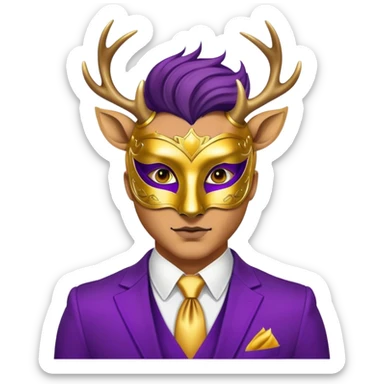 a man, with a purple suit,  wear half-face golden Deer masquerade mask sticker