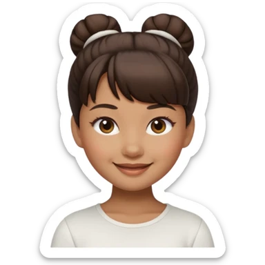 In Apple Memoji format, a girl with dark brown hair. She has bangs and her hair is in a singular high bun. The girl is arab and has light brown skin. She is wearing a white shirt sticker