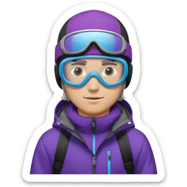 male Pro Snowboarder with white and grey beanie, ONE pair of purple and blue frameless goggles on and a black jacket sticker