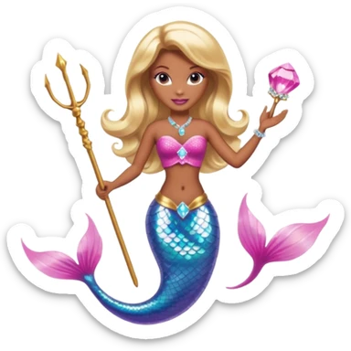 Brown skin blonde hair barbie mermaid with pink diamond tail and wand  sticker