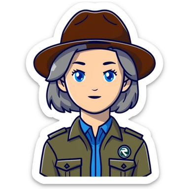 white woman park ranger with brown and gray hair and blue eyes sticker