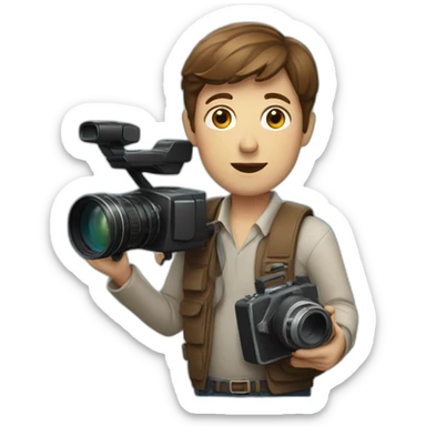 European film director with brown short hair holding a cinema camera sticker