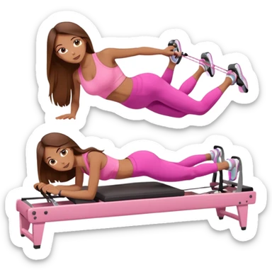 girl doing a plank on a pilates reformer in a pink workout set with long brown hair sticker