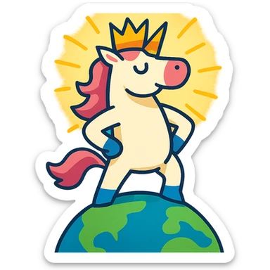 unicorn king on top of the world glowing with a bright aura exuding confidence and triumph sticker