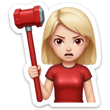 red glitter angry girl with a giant hammer sticker