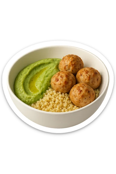 bowl bianca fluttua in aria con polpette di tacchino, purè di zucchine, quinoa e olio di oliva, iperrealistico 4k sticker