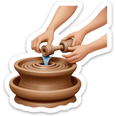 Cinematic Realistic image of a ceramic pottery wheel in action, with skilled hands shaping wet clay into a graceful form, featuring intricate details of swirling textures and gentle water splashes, illuminated by soft, artisanal lighting sticker