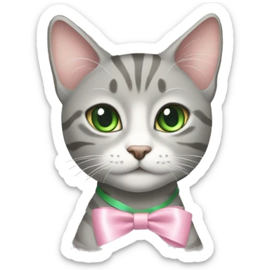 grey tabby cat with green eyes and light pink ribbon bow on her head sticker