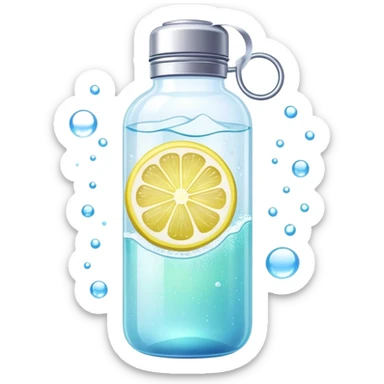 Ethereal glowing water bottle with floating lemon slice and sparkling creatine powder, surrounded by magical aura sticker