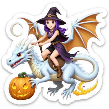 Large white dragon flying with a witchy female rider on top of it sticker
