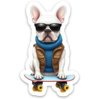 Pied french bulldog with sunglasses sweater vest and snow board sticker