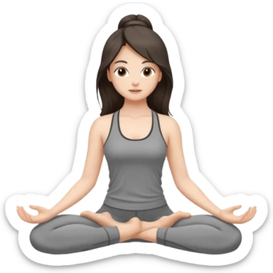 a brunette girl doing yoga, she is wearing a grey fit and she has dark long and loose hair.  sticker