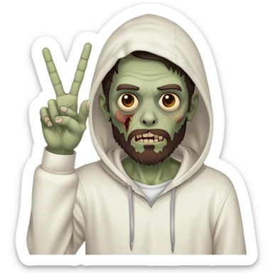 zombie with peace sign gesture wearing plain white hoodie with no designs, dark brown hair and short full beard sticker