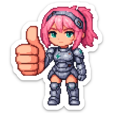 Make the thumb more prominent on the cyborg girl with pink hair giving a thumbs up in pixel art style with chibi proportions, no background. sticker