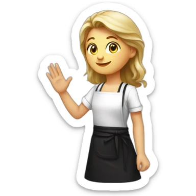 Slavic girl in a white T-shirt and a black apron waves hello with her right hand sticker