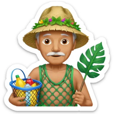 Hawaiian old man with leaf hat and big trash net and colorful cloth sticker
