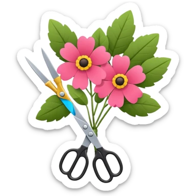 Minimalistic flat vector icon, iOS style, thin black contour on white background. Flower bouquet with leaves and scissors. No text, no shadows. sticker