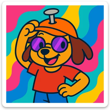 Add a vibrant, colorful background behind the cute puppy girl with a nail hat and half purple sunglasses, smiling and holding the hat up. Keep the fun, expressive cartoon style. sticker