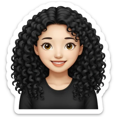 Korean woman with black cute long curly hair  with a black top with long lashes sticker
