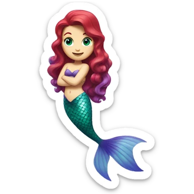 Ariel, the mermaid swimming. Her tail is green, her top is purple, and her hair is bright, red and wavy. She has pale skin and blue eyes. She is swimming. sticker